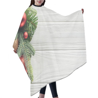 Personality  Top View Of Wreath With Red Christmas Toys On White Wooden Surface Hair Cutting Cape