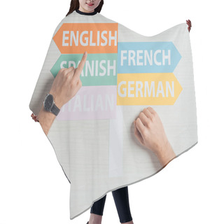 Personality  Cropped View Of Translator Pointing At Arrows With Languages Hair Cutting Cape