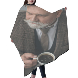 Personality  High Angle View Of Senior Man With Cup Of Coffee Hair Cutting Cape