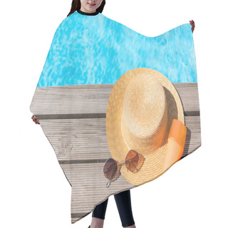 Personality  Top View Of Wicker Hat, Sunglasses And Sunscreen Near Swimming Pool   Hair Cutting Cape
