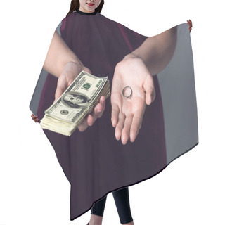 Personality  Cropped Shot Of Woman Holding Stack Of Cash And Wedding Ring, Marriage Of Convenience Concept Hair Cutting Cape