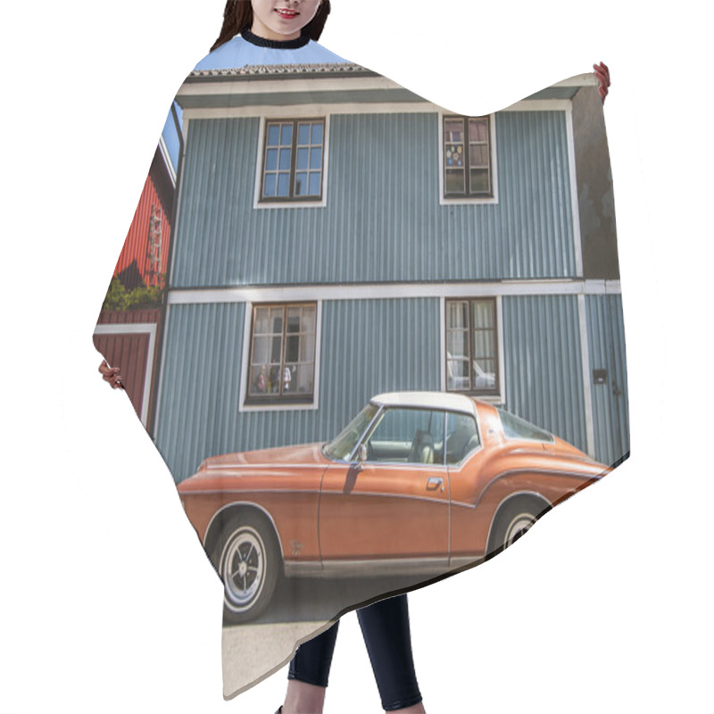 Personality  Old Fashioned Red Car On The Background Of The Blue Wooden House Hair Cutting Cape