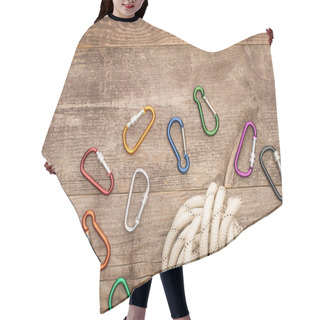 Personality  Top View Of Colorful Carabiners And Hiking Rope On Wooden Table Hair Cutting Cape