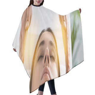 Personality  Panoramic Shot Of Healer Standing Near Patient On Massage Table And Cleaning Aura Hair Cutting Cape