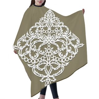 Personality  Element With Floral Ornaments. An Ornate Pattern Of Leaves, Rings And Flowers. The Shape Is A Square Rhombus. Isolated White Object On Brown Background. Vector Template For Plotter Laser Cutting. Hair Cutting Cape