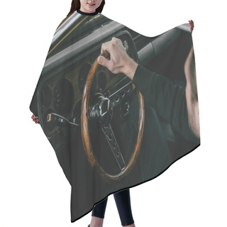 Personality  High Angle View Of Man Holding Steering Wheel Of Old-fashioned Automobile Hair Cutting Cape