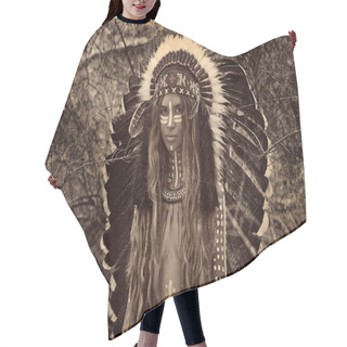 Personality  Portrait Of Beautiful Woman In Primitive Indian Hunter Concept Hair Cutting Cape