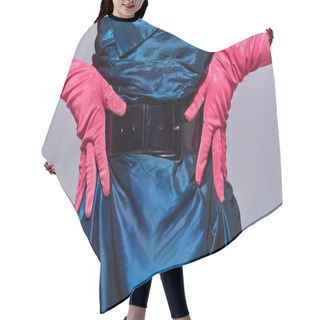 Personality  Cropped View Of Fashionable Young Woman In Cocktail Dress And Pink Gloves Touching Hips While Posing Isolated On Grey, Modern Generation Z Fashion Concept, Details, Close Up  Hair Cutting Cape