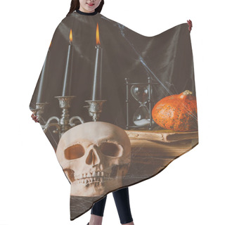Personality  Skull, Hourglass, Pumpkins, Ancient Books And Candelabrum With Candles On Black Cloth Hair Cutting Cape