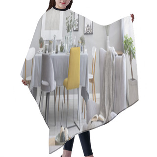 Personality  Panorama Of Blanket On Armchair Near Chairs At Dining Table In Grey Living Room Interior. Real Photo Hair Cutting Cape