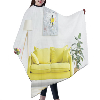 Personality  Interior Of Modern White Living Room With Decor And Bright Yellow Sofa Hair Cutting Cape