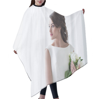 Personality  Beautiful Bride Holding Wedding Bouquet And Looking At Window Hair Cutting Cape