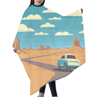 Personality  Vector Landscape With A Highway And A Passing White Car In The Desert With Mountains And Clouds In The Blue Sky. Colored Cartoon Illustration With A Barren American Scenery And An Endless Road Hair Cutting Cape