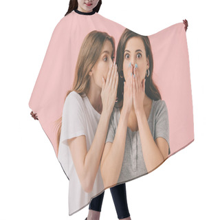 Personality  Attractive Woman Telling Secret To Her Shocked Friend In T-shirt Isolated On Pink  Hair Cutting Cape