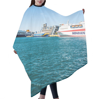 Personality  PIRAEUS, GREECE - APRIL 10, 2020: Large Ferries With Lettering In Aegean Sea  Hair Cutting Cape