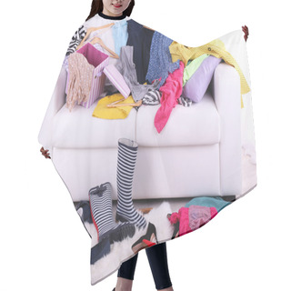 Personality  Messy Colorful Clothing On  Sofa On Light Background Hair Cutting Cape