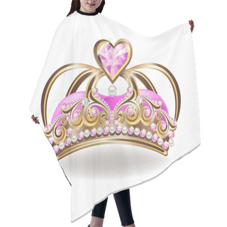 Personality  Beautiful Golden Princess Crown With Pearls And Pink Jewels. Vector Illustration On White Background. Hair Cutting Cape