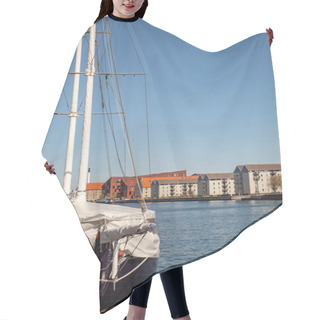 Personality  COPENHAGEN, DENMARK - MAY 6, 2018: Yacht Moored In Harbour And Beautiful Cityscape In Copenhagen, Denmark Hair Cutting Cape