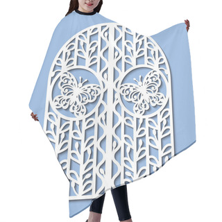 Personality  Laser Cut Template Of Metal Gate With Forged Ornament, Decorative Grid, Butterfly. Steel Sliding Door, Lace Pattern At Vintage Style. Openwork Vector Silhouette. Iron Fence Isolated On Blue Background Hair Cutting Cape