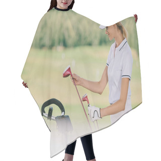 Personality  Selective Focus Of Smiling Female Golf Player In Cap With Golf Gear At Golf Course Hair Cutting Cape