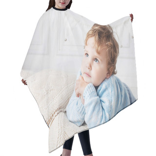Personality  Portrait Of Happy Adorable Baby Boy On The Bed In His Room. Copy Space Hair Cutting Cape