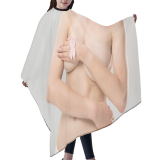 Personality  Partial View Of Topless Young Woman With Pink Ribbon Covering Breast Isolated On Grey Hair Cutting Cape