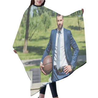 Personality  Businessman Standing Neat Table In Park, Holding Basketball And Looking At Camera Hair Cutting Cape