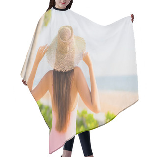 Personality  Portrait Beautiful Young Asian Woman Relax Leisure Around Outdoor Swimming Pool With Sea Beach Ocean View In Vacation Travel Hair Cutting Cape
