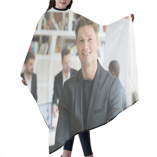 Personality  Smiling Executive In Suit Standing Arms Crossed Looking At Camer Hair Cutting Cape