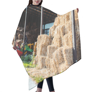 Personality  Haystacks On Green Grass Near Building In Country  Hair Cutting Cape