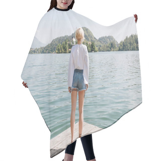 Personality  Back View Of Young Woman Standing On Wooden Pier And Looking At Scenic Mountain Lake, Bled, Slovenia Hair Cutting Cape