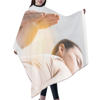 Personality  Cropped View Of Healer Standing Near Woman Lying With Closed Eyes And Holding Hands Above Her Body Hair Cutting Cape