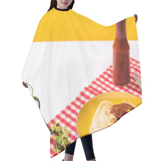 Personality  Prepared Spaghetti With Tomato Sauce Beside Cup On White Surface On Yellow Background Hair Cutting Cape