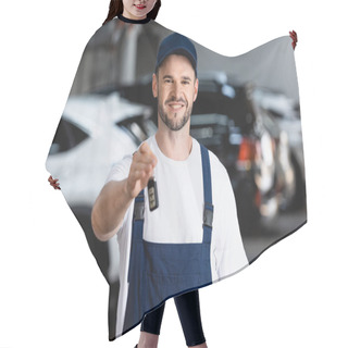 Personality  Cheerful Mechanic In Uniform And Cap Holding Car Key  Hair Cutting Cape