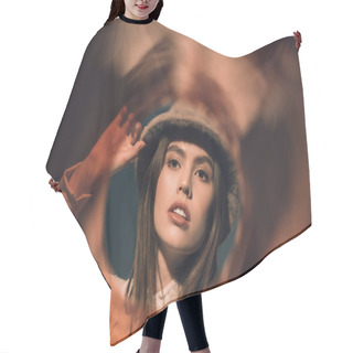 Personality  Portrait Of Fashionable  Woman In Hat Looking Away Hair Cutting Cape