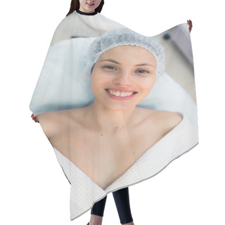 Personality  Beautiful Patient Woman Smile Lying On Bed In Surgery Room Hospital Hair Cutting Cape