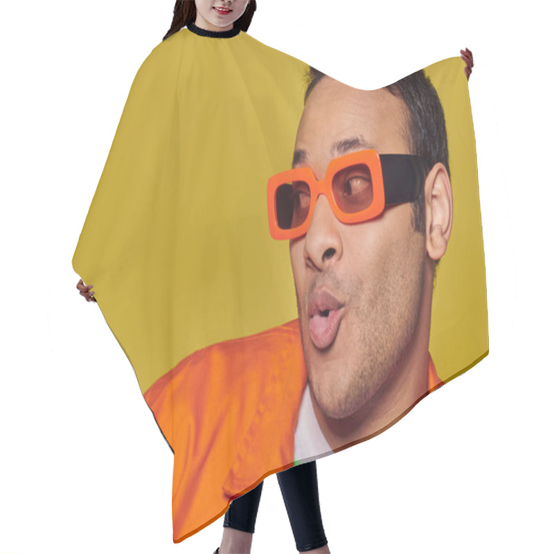 Personality  Self-expression Concept, Surprised Indian Man In Orange Sunglasses Looking Away On Yellow Backdrop Hair Cutting Cape