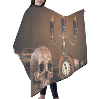 Personality  Still Life Art Photography On Human Skull Skeleton Hair Cutting Cape