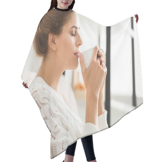 Personality  Side View Of Attractive Woman In White Sweater Holding Cup  Hair Cutting Cape