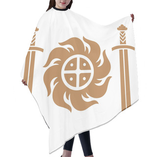 Personality  Celtic Scandinavian Design. Sun Drawn In Ethnic Vintage Style And Two Viking Swords, Isolated On White, Vector Illustration Hair Cutting Cape