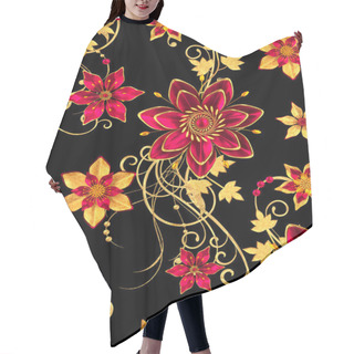 Personality  3d Rendering. Golden Stylized Flowers, Delicate Shiny Curls, Paisley Element, Seamless Pattern. Hair Cutting Cape