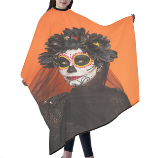 Personality  Woman In Traditional Day Of Dead Costume And Makeup Touching Black Veil Isolated On Orange Hair Cutting Cape