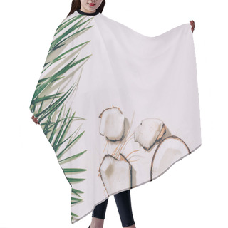Personality  Pieces Of Organic Healthy Coconut And Green Palm Leaves On White   Hair Cutting Cape