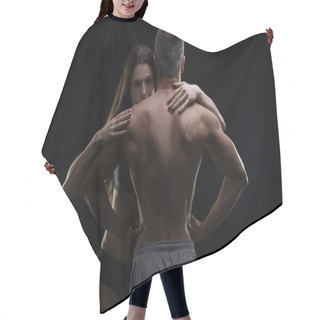 Personality  Young Adult Muscular Man And Woman. Sexy Couple On Black Background Hair Cutting Cape