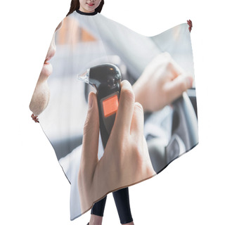 Personality  Partial View Of Man Blowing Into Breathalyzer While Sitting In Car, Blurred Background Hair Cutting Cape