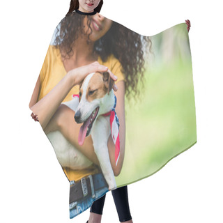 Personality  Cropped View Of Curly Woman In Summer Outfit Stroking Jack Russell Terrier Dog Hair Cutting Cape