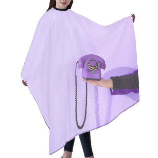 Personality  Cropped View Of Girl Holding Vintage Rotary Phone At Ultra Violet Wall  Hair Cutting Cape