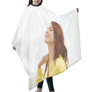 Personality  Smiling Redhead Teenage Girl With Big Fan At Home Hair Cutting Cape
