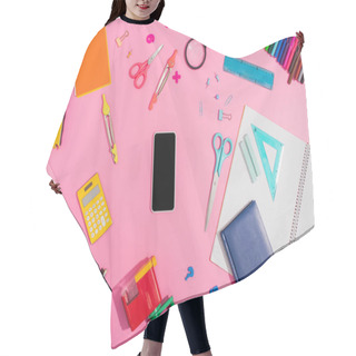 Personality  Top View Of Smartphone With Blank Screen Surrounded By School Supplies On Pink Hair Cutting Cape