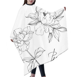 Personality  Vector Isolated Monochrome Peony Flowers Sketch And Handwritten Lettering On White Background. Engraved Ink Art.  Hair Cutting Cape